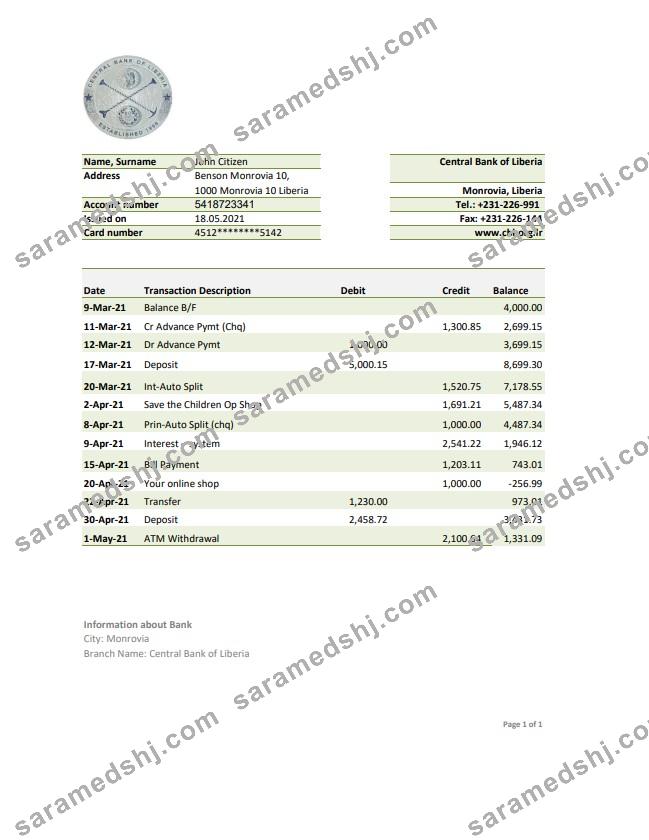 Liberia Central Bank of Liberia bank statement easy to fill template in .xls and .pdf file format